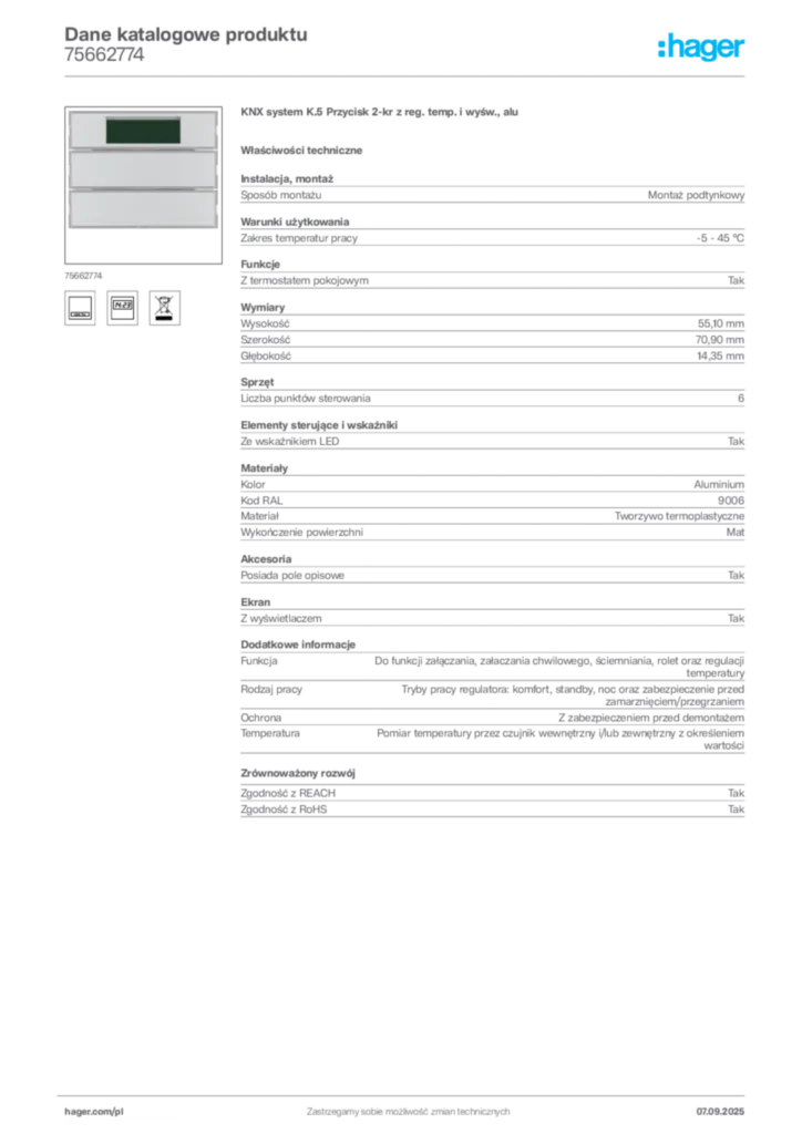 Zdjęcie Hager Dane katalogowe produktu 75662774 | Hager Polska