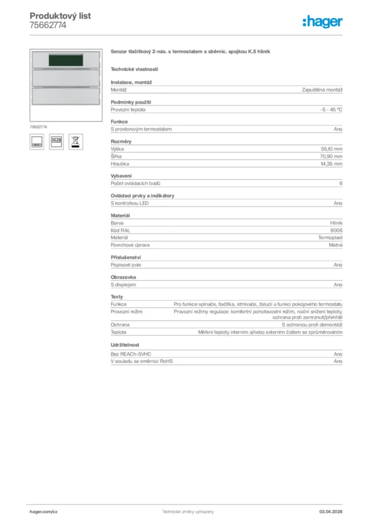 Obrázek Hager Product data sheet 75662774 | Hager