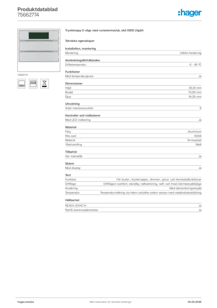 Bild Hager Produktdatablad 75662774 | Hager Sverige