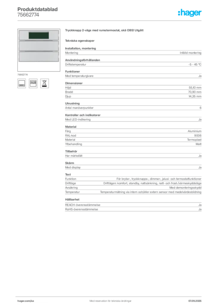 Bild Hager Produktdatablad 75662774 | Hager Sverige