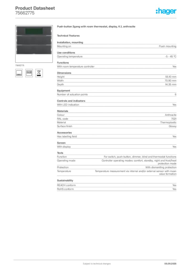 Image Hager Product data sheet 75662775  | Hager