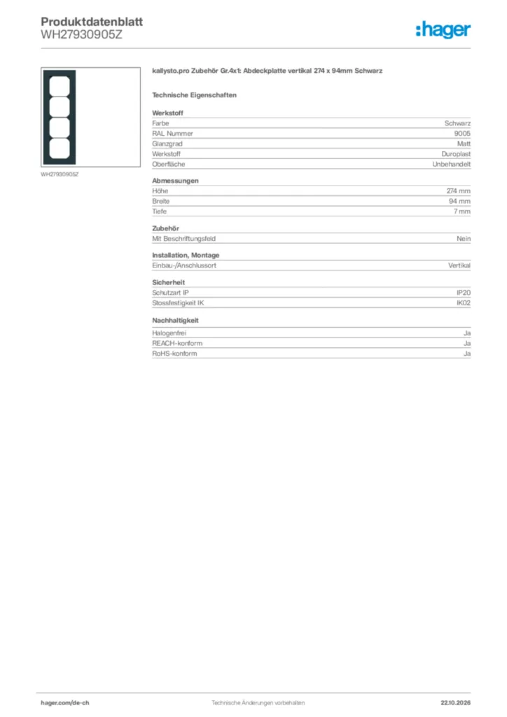 Bild Hager Produktdatenblatt WH27930905Z | Hager Schweiz