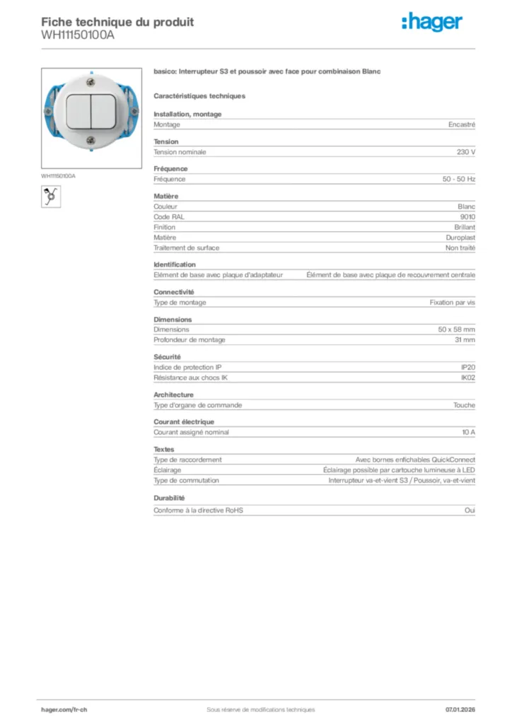 Image Hager Fiche technique du produit WH11150100A | Hager Suisse