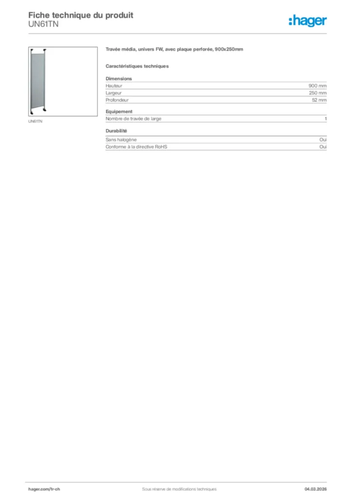 Image Hager Fiche technique du produit UN61TN | Hager Suisse