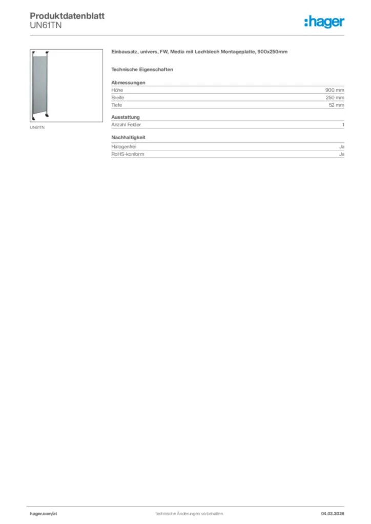 Bild Hager Produktdatenblatt UN61TN | Hager Deutschland