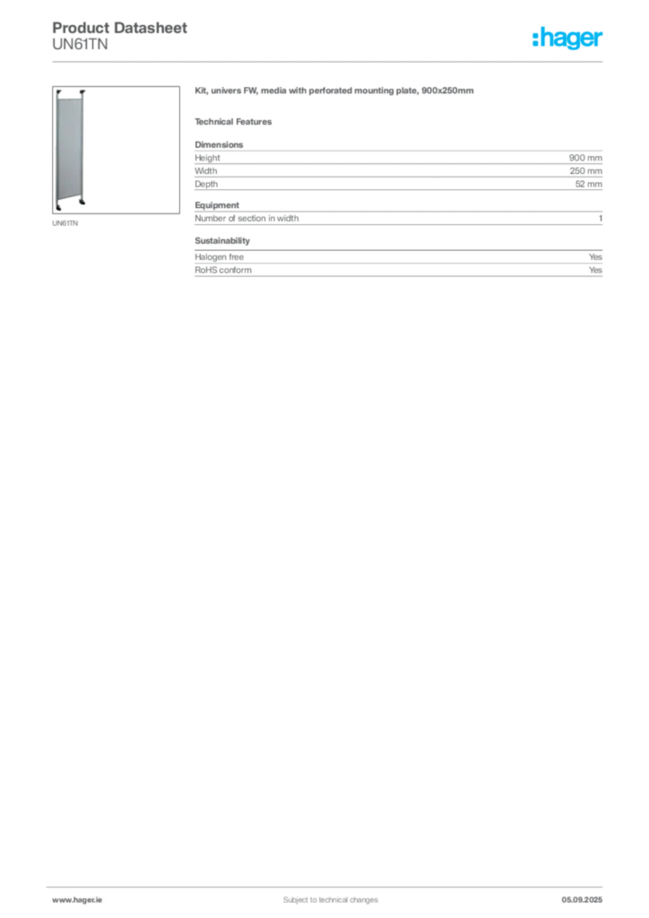 Image Hager Product data sheet UN61TN  | Hager