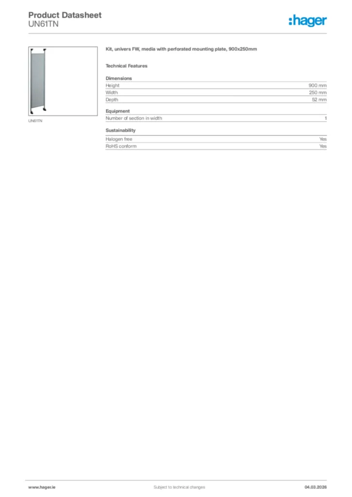 Image Hager Product data sheet UN61TN  | Hager