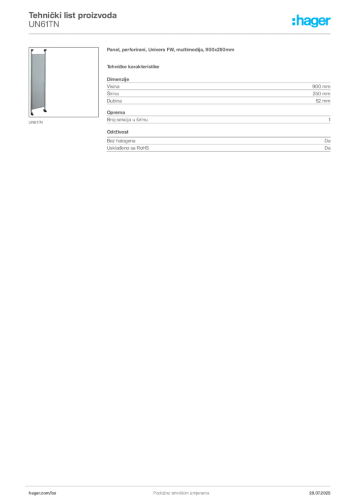 Slika Hager Product data sheet UN61TN  | Hager