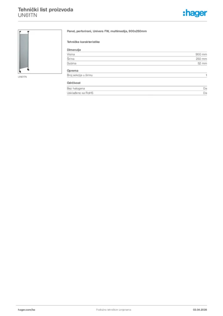 Slika Hager Tehnički list proizvoda UN61TN  | Hager