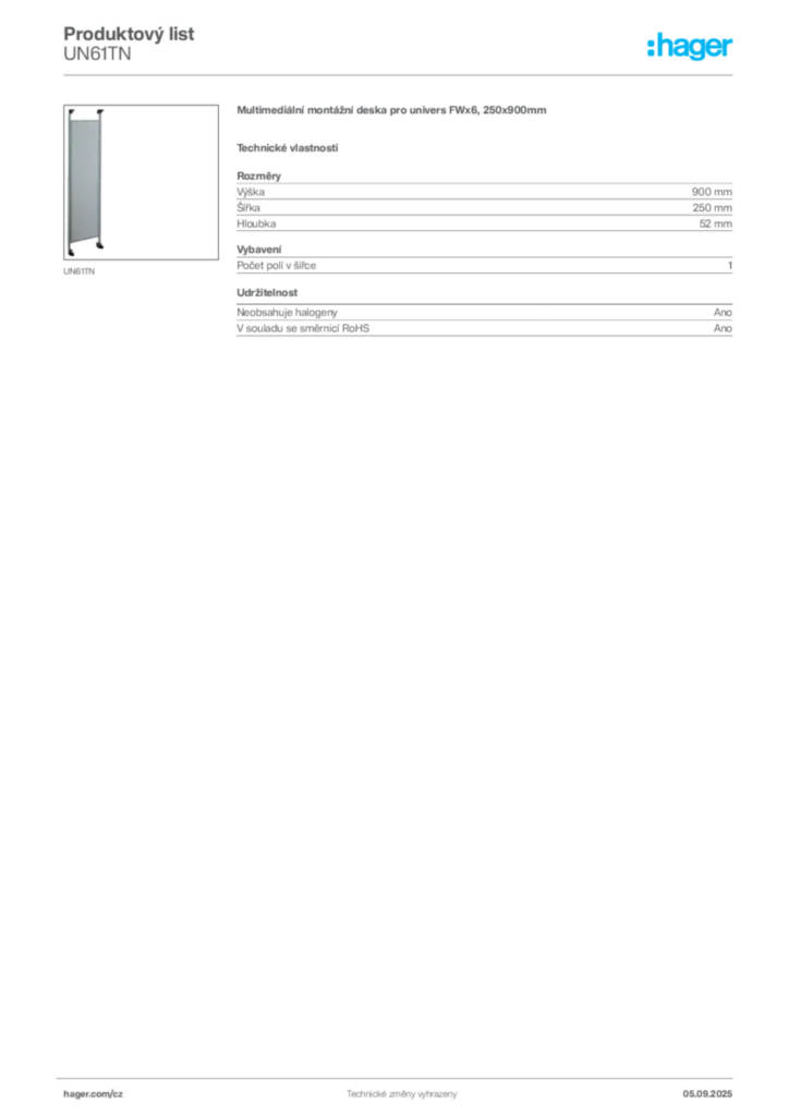 Obrázek Hager Produktový list UN61TN | Hager