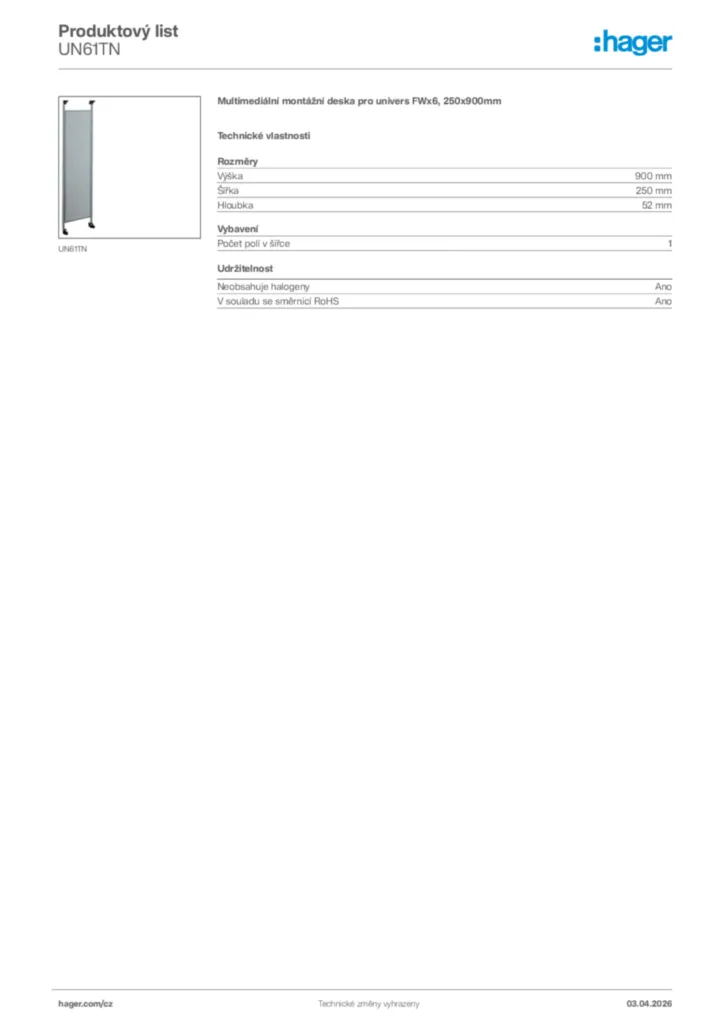 Obrázek Hager Product data sheet UN61TN | Hager