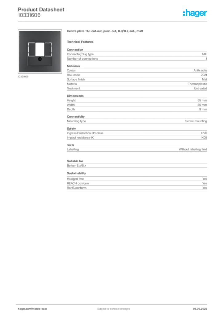 Image Hager Product data sheet 10331606  | Hager