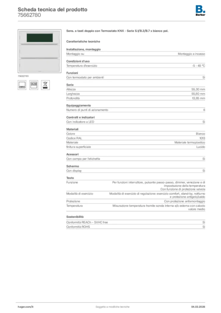 Immagine Berker Scheda tecnica del prodotto 75662780 | Hager Italia