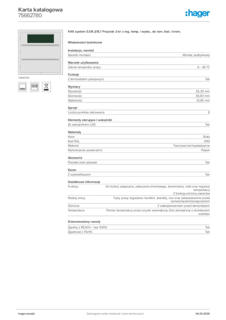 Zdjęcie Hager Karta katalogowa 75662780 | Hager Polska