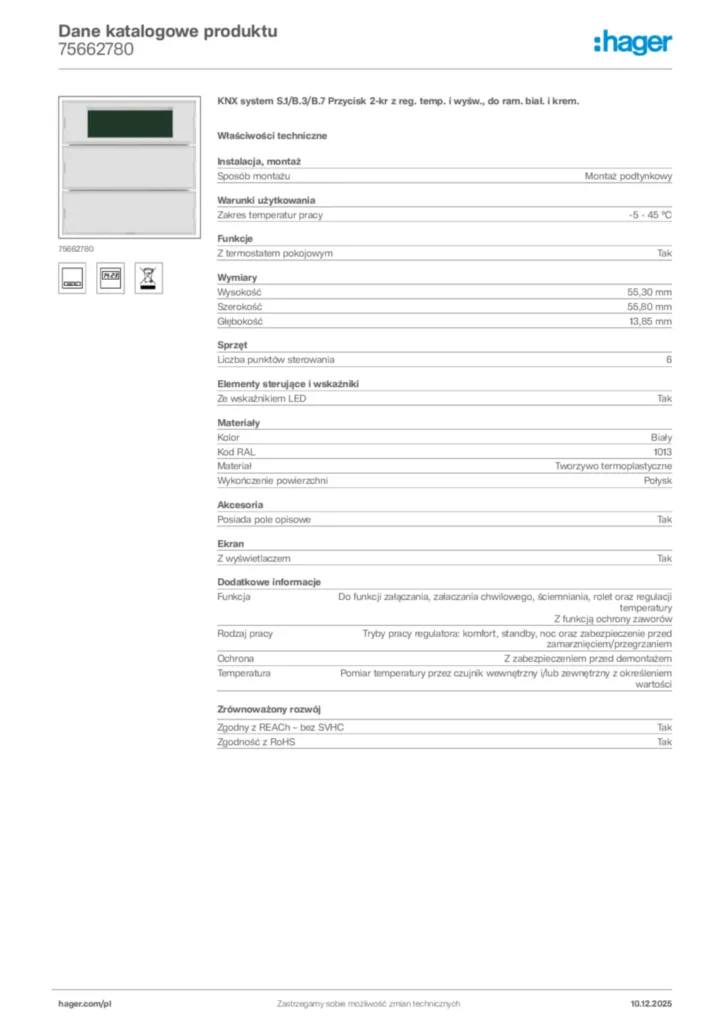 Zdjęcie Hager Dane katalogowe produktu 75662780 | Hager Polska