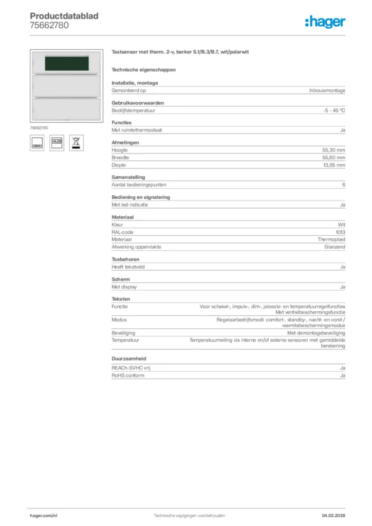 Afbeelding Hager Productdatablad 75662780 | Hager Nederland