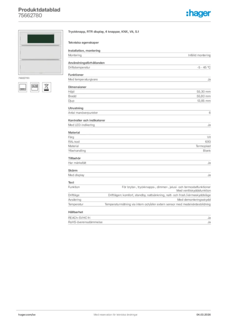 Bild Hager Produktdatablad 75662780 | Hager Sverige