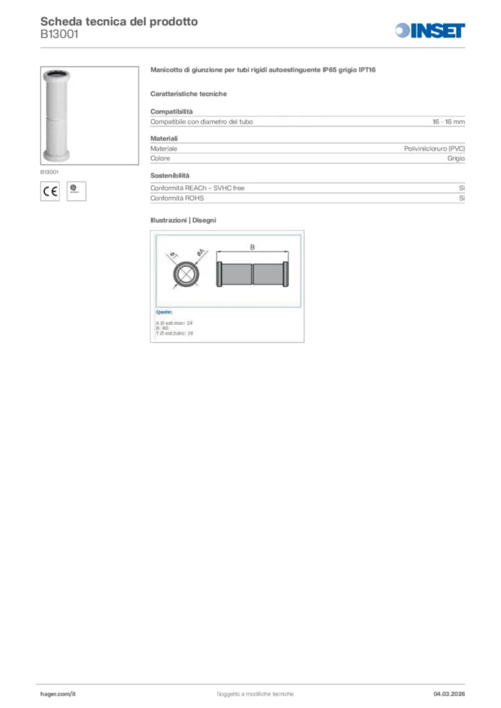 Immagine Inset Scheda tecnica del prodotto B13001 | Hager Italia