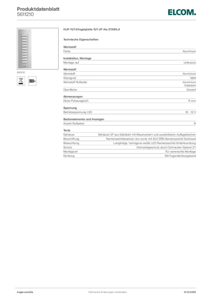 Bild Elcom Produktdatenblatt 5611210 | Hager Deutschland