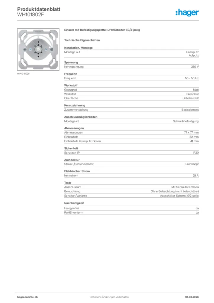 Bild Hager Produktdatenblatt WH101802F | Hager Schweiz