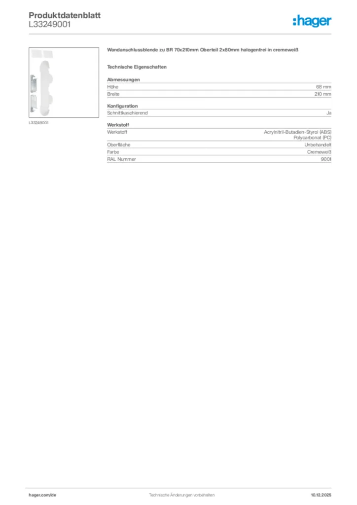 Bild Hager Produktdatenblatt L33249001 | Hager Deutschland