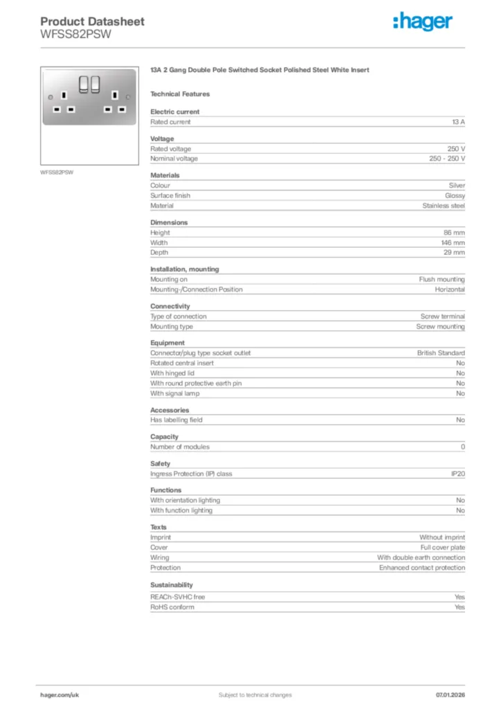 Image Hager Product data sheet WFSS82PSW  | Hager