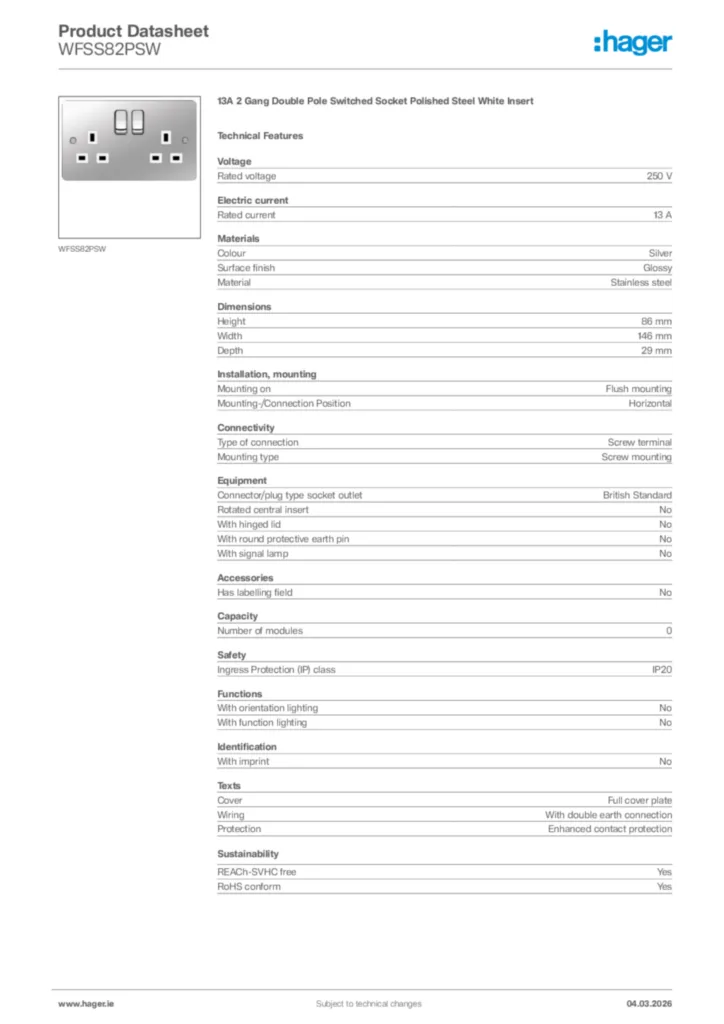 Image Hager Product data sheet WFSS82PSW  | Hager