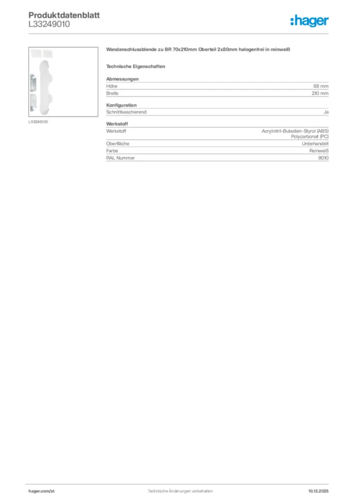 Bild Hager Produktdatenblatt L33249010 | Hager Deutschland
