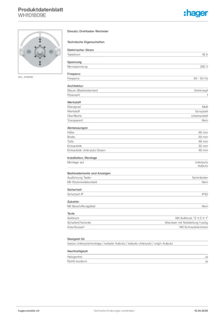 Bild Hager Produktdatenblatt WH101809E | Hager Schweiz