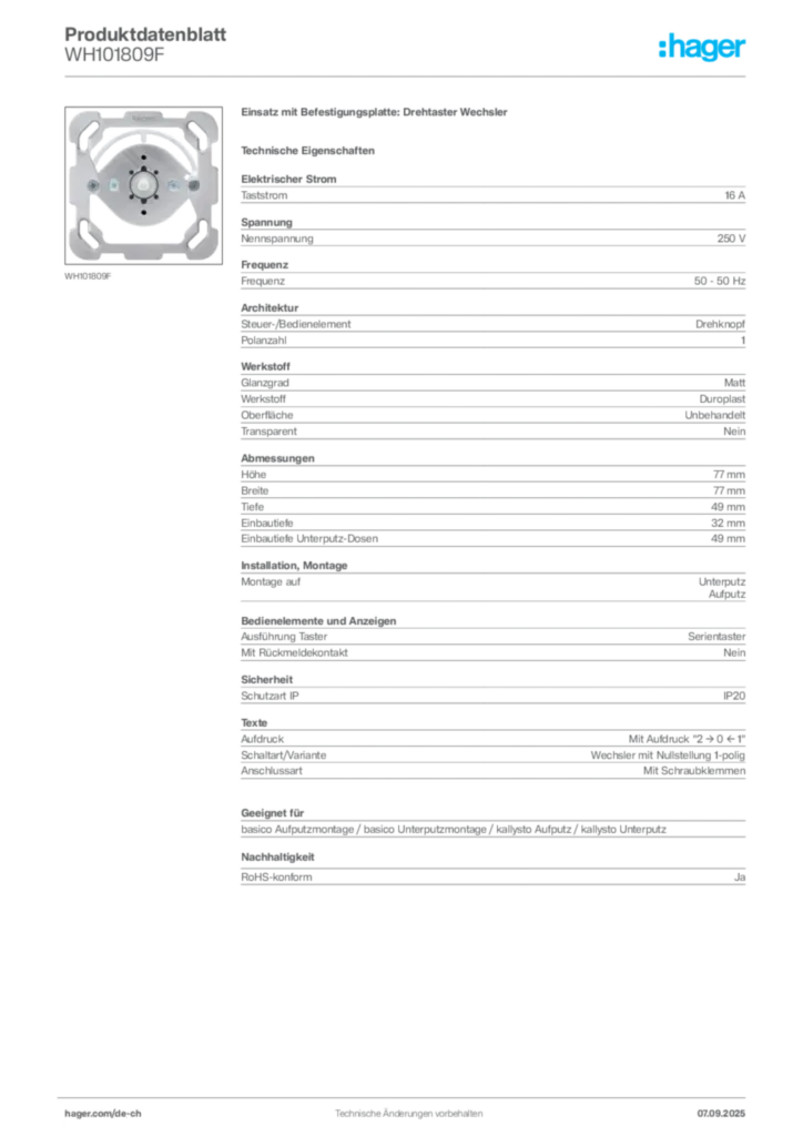 Bild Hager Produktdatenblatt WH101809F | Hager Schweiz