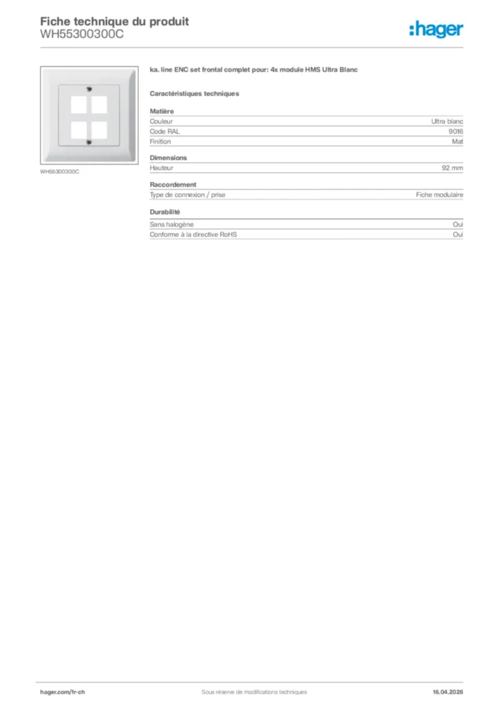 Image Hager Fiche technique du produit WH55300300C | Hager Suisse