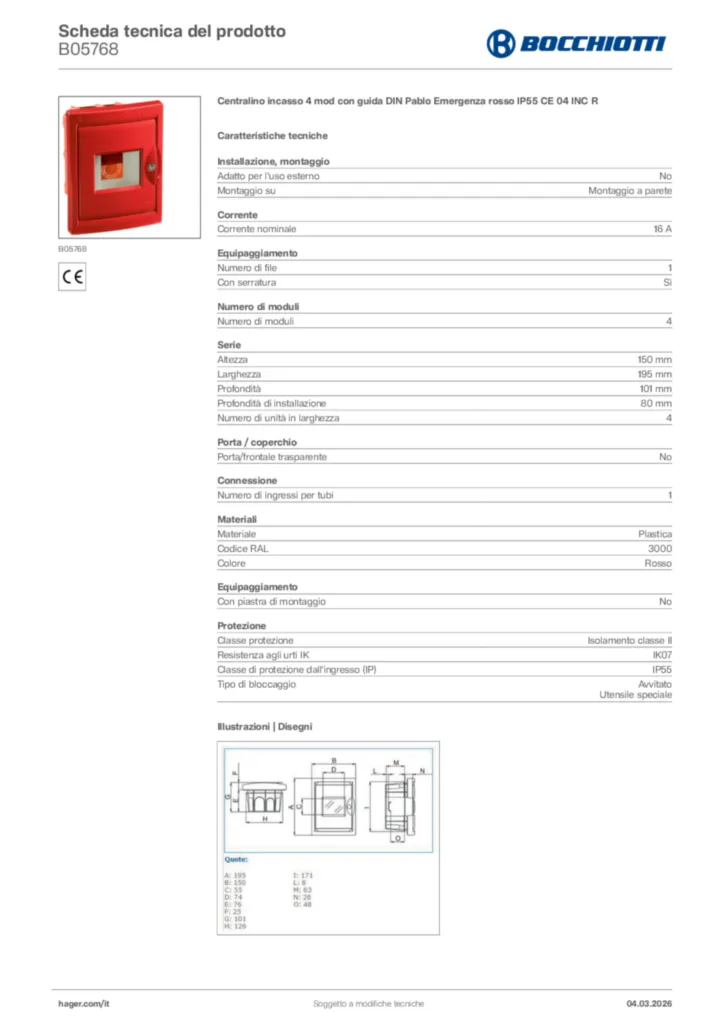 Immagine Bocchiotti Scheda tecnica del prodotto B05768 | Hager Italia