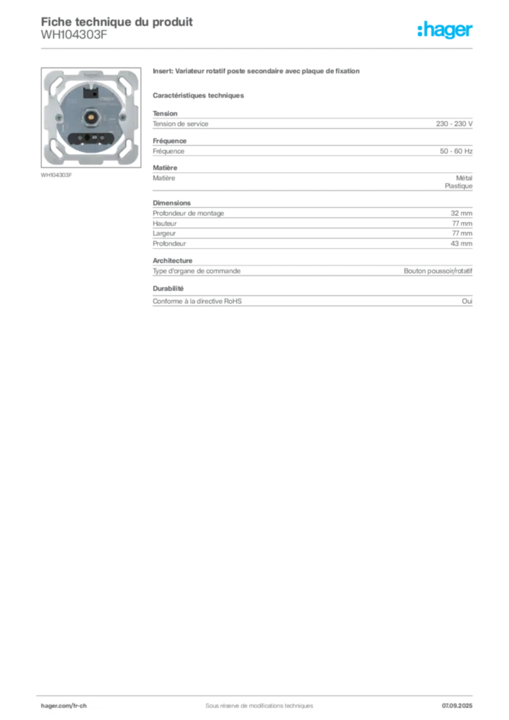 Image Hager Fiche technique du produit WH104303F | Hager Suisse