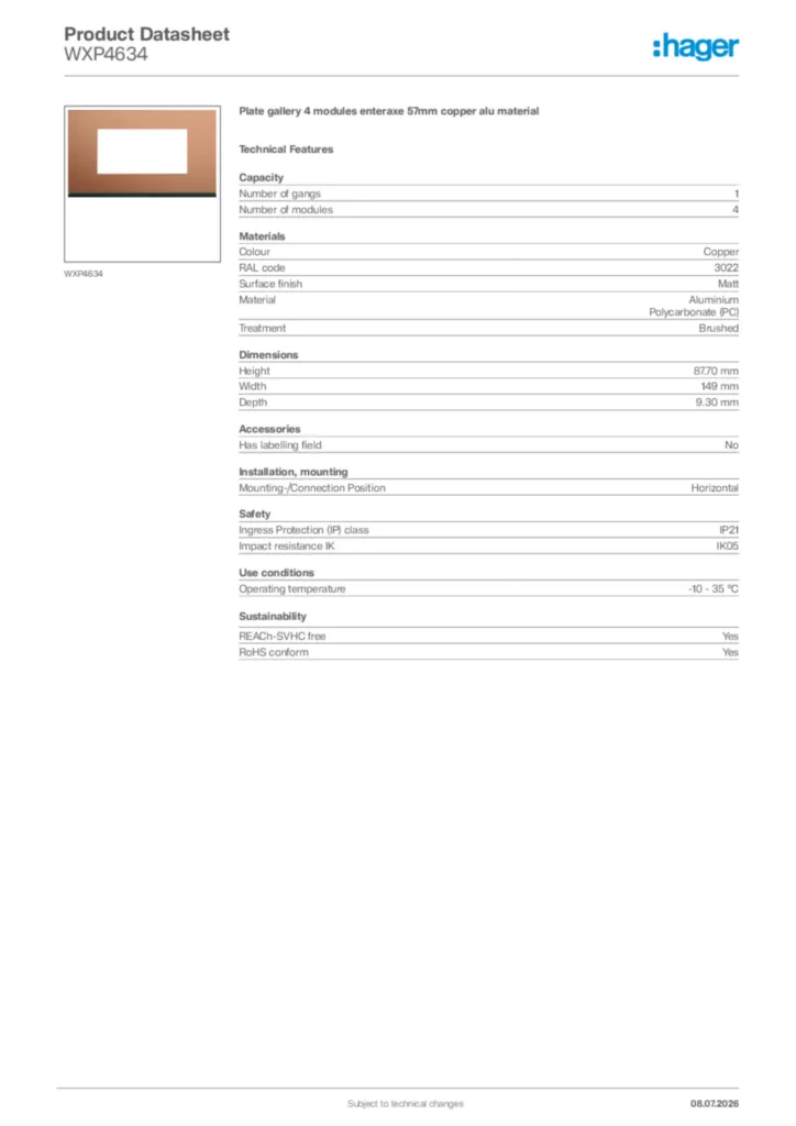 Image Hager Product data sheet WXP4634  | Hager Africa