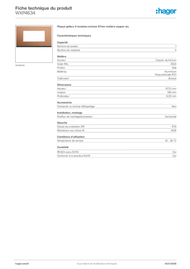 Image Hager Fiche technique du produit WXP4634 | Hager France