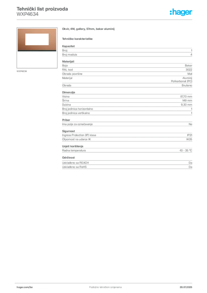 Slika Hager Product data sheet WXP4634  | Hager