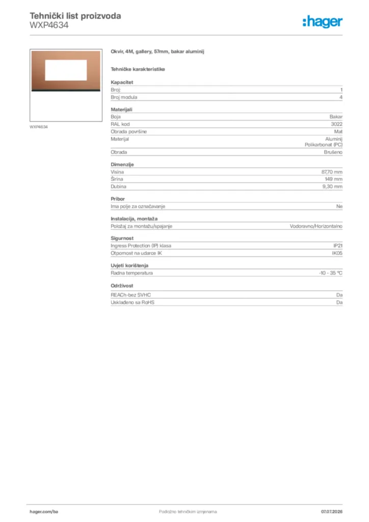 Slika Hager Tehnički list proizvoda WXP4634  | Hager