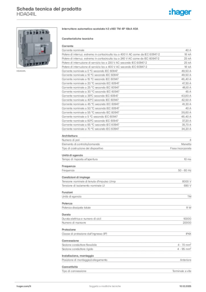 Immagine Hager Scheda tecnica del prodotto HDA041L | Hager Italia