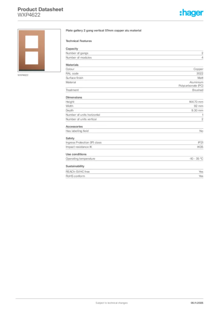 Image Hager Product data sheet WXP4622  | Hager Africa