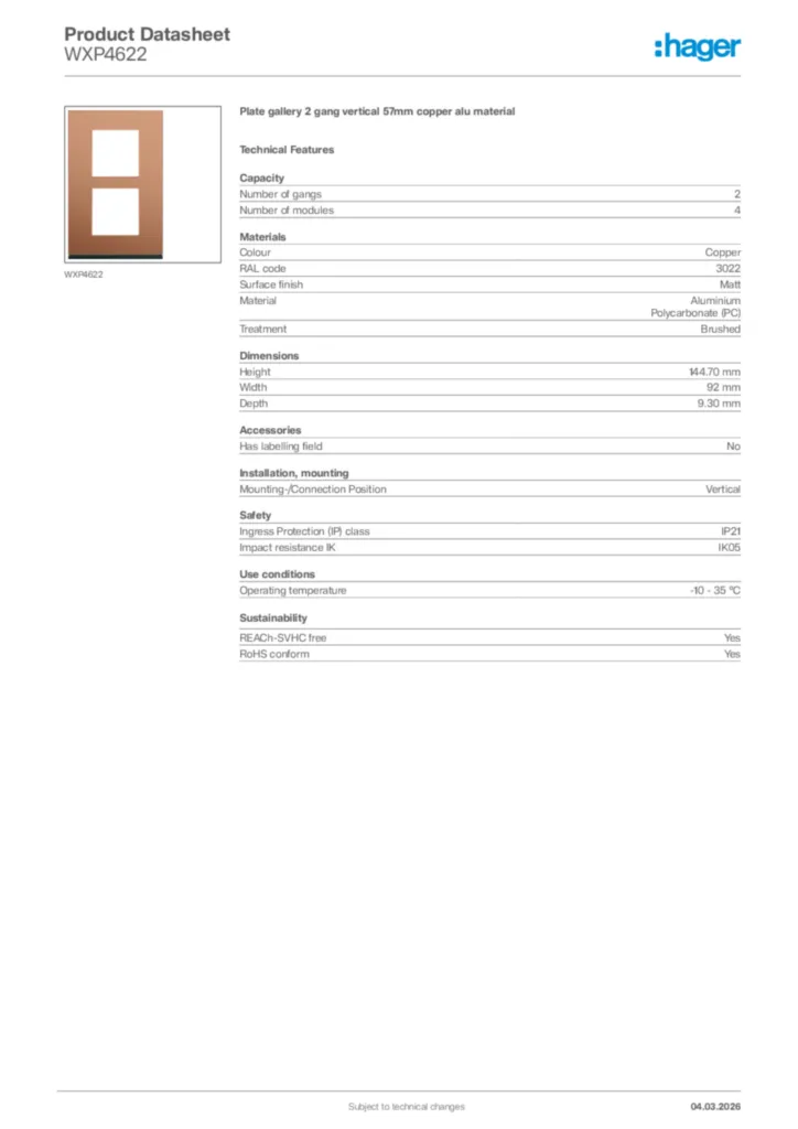 Image Hager Product data sheet WXP4622  | Hager Africa