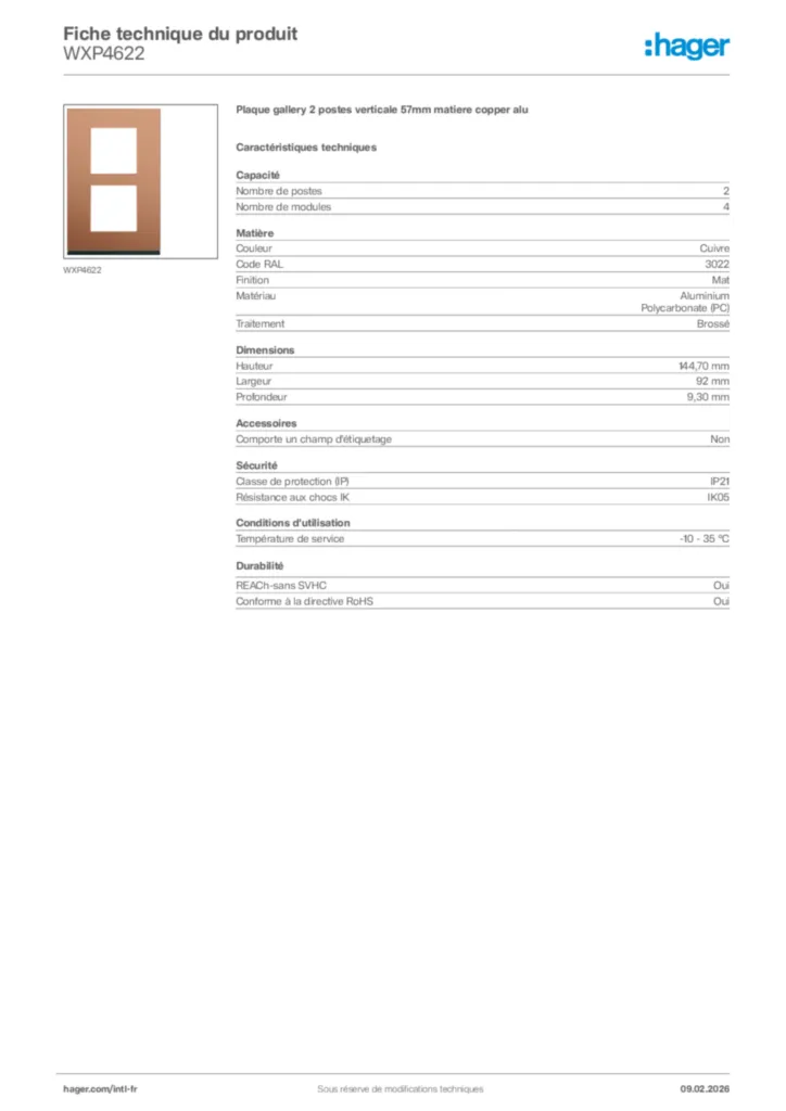 Image Hager Fiche technique du produit WXP4622 | Hager Afrique