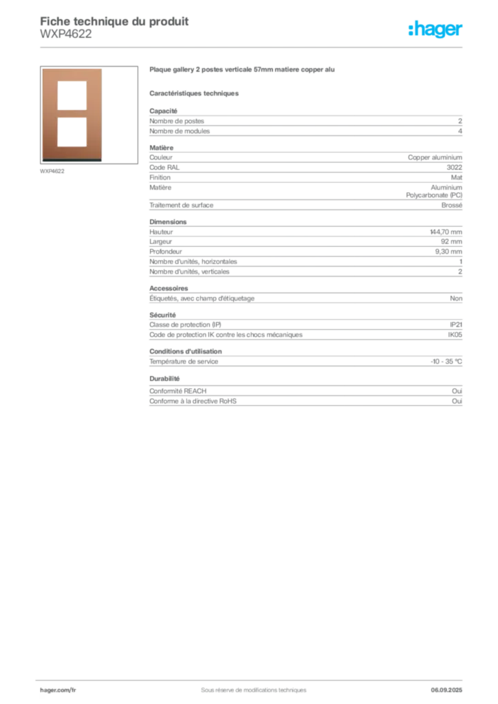 Image Hager Fiche technique du produit WXP4622 | Hager France