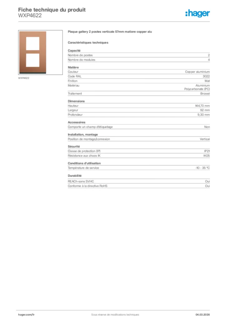 Image Hager Fiche technique du produit WXP4622 | Hager France