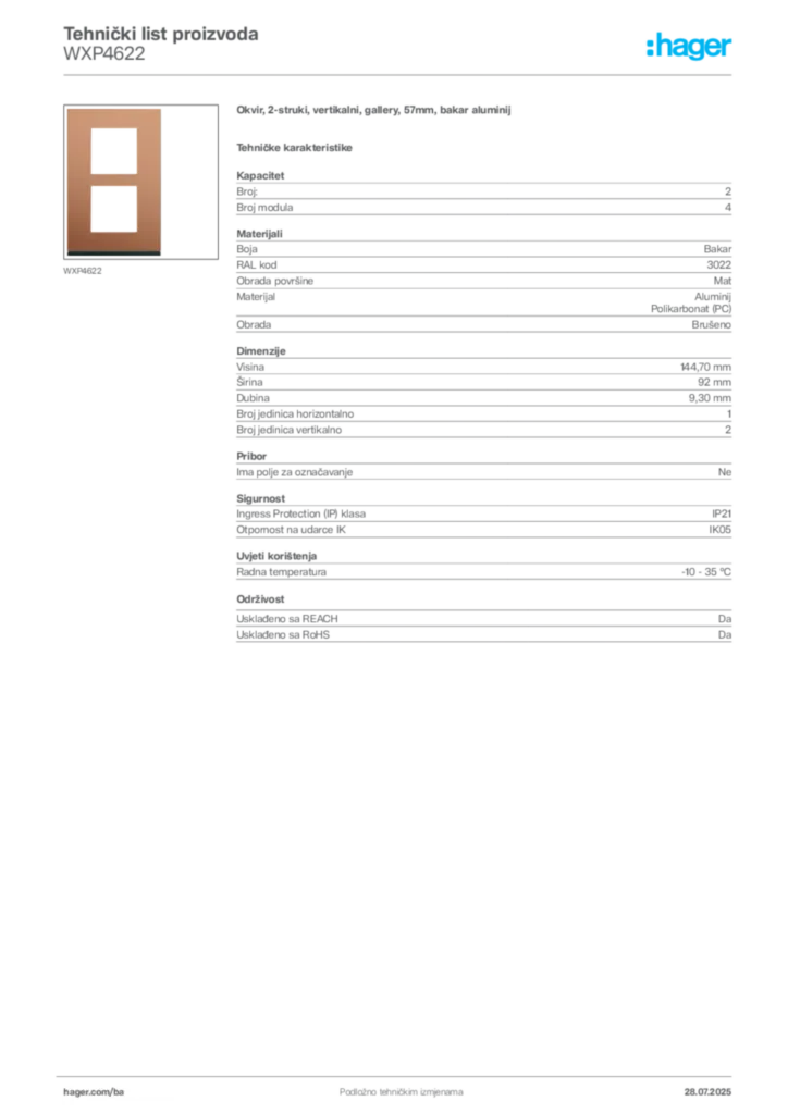 Slika Hager Product data sheet WXP4622  | Hager