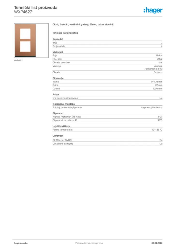 Slika Hager Tehnički list proizvoda WXP4622  | Hager