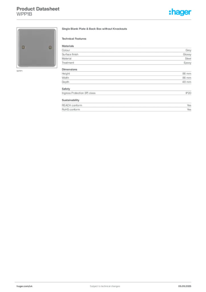 Image Hager Product data sheet WPP1B  | Hager