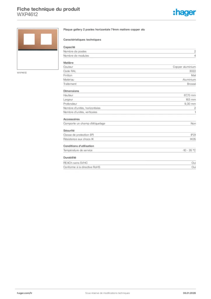 Image Hager Fiche technique du produit WXP4612 | Hager France