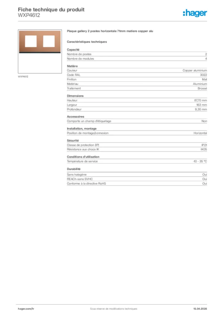 Image Hager Fiche technique du produit WXP4612 | Hager France