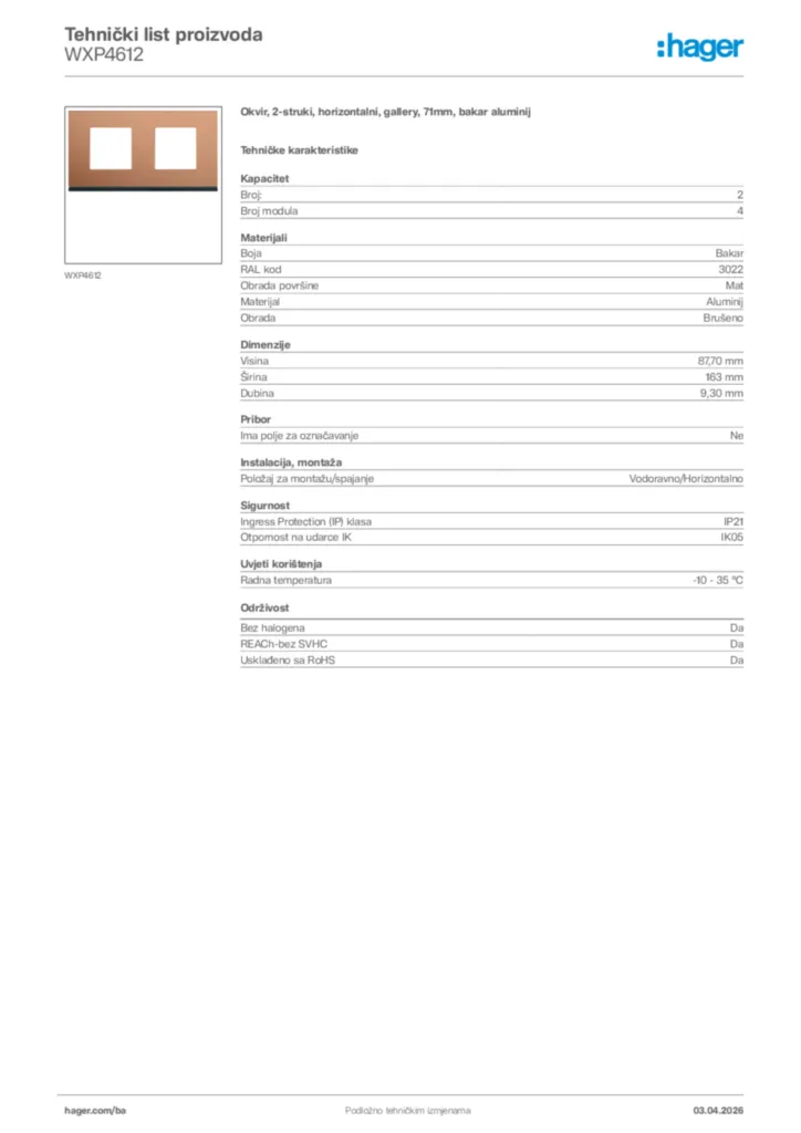 Slika Hager Tehnički list proizvoda WXP4612  | Hager