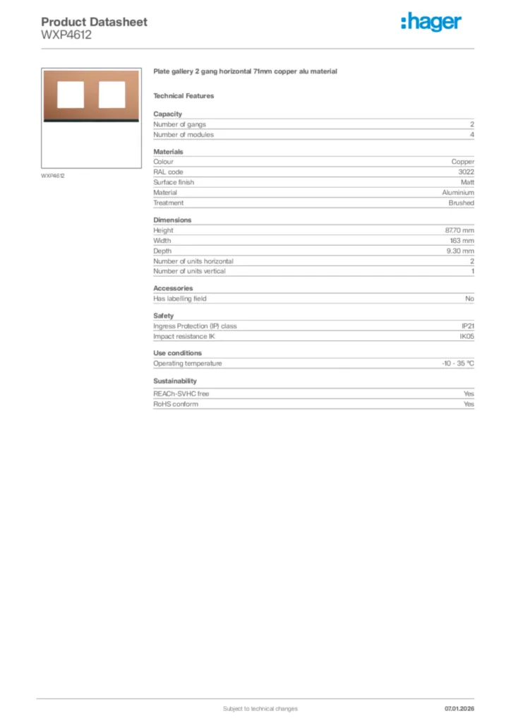 Image Hager Product data sheet WXP4612  | Hager